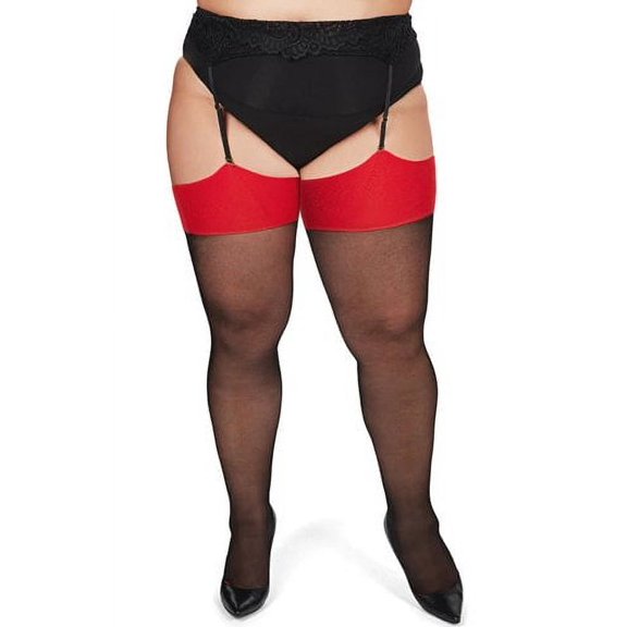 MeMoi Women's Back Seam/Cuban Heel Plus Size Curvy Thigh High Stocking - Womens - Female, 3X/4X, Black-Red