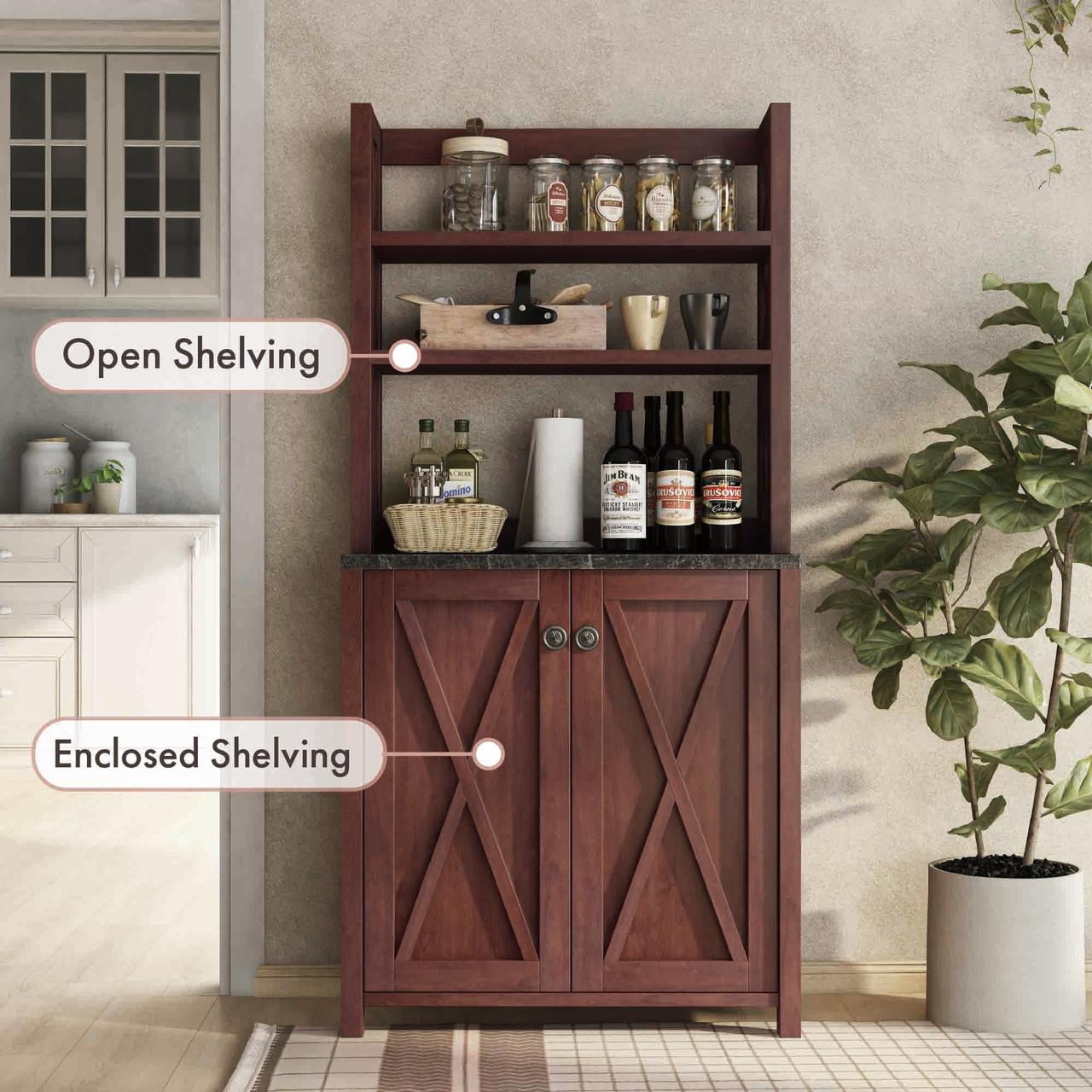Furniture of America Wilkes Rustic 2-Door Bakers Rack, Vintage Walnut