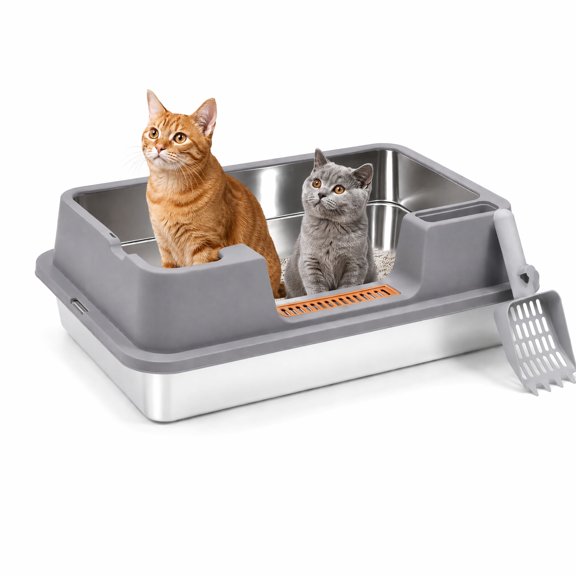 OKYWOH Stainless Steel Litter Box, Extra Large Litter Box for Big Cats, XLarge Metal Cat Litter Box with High Side Lid,Easy Clean,Non-Sticky, Scoop Included