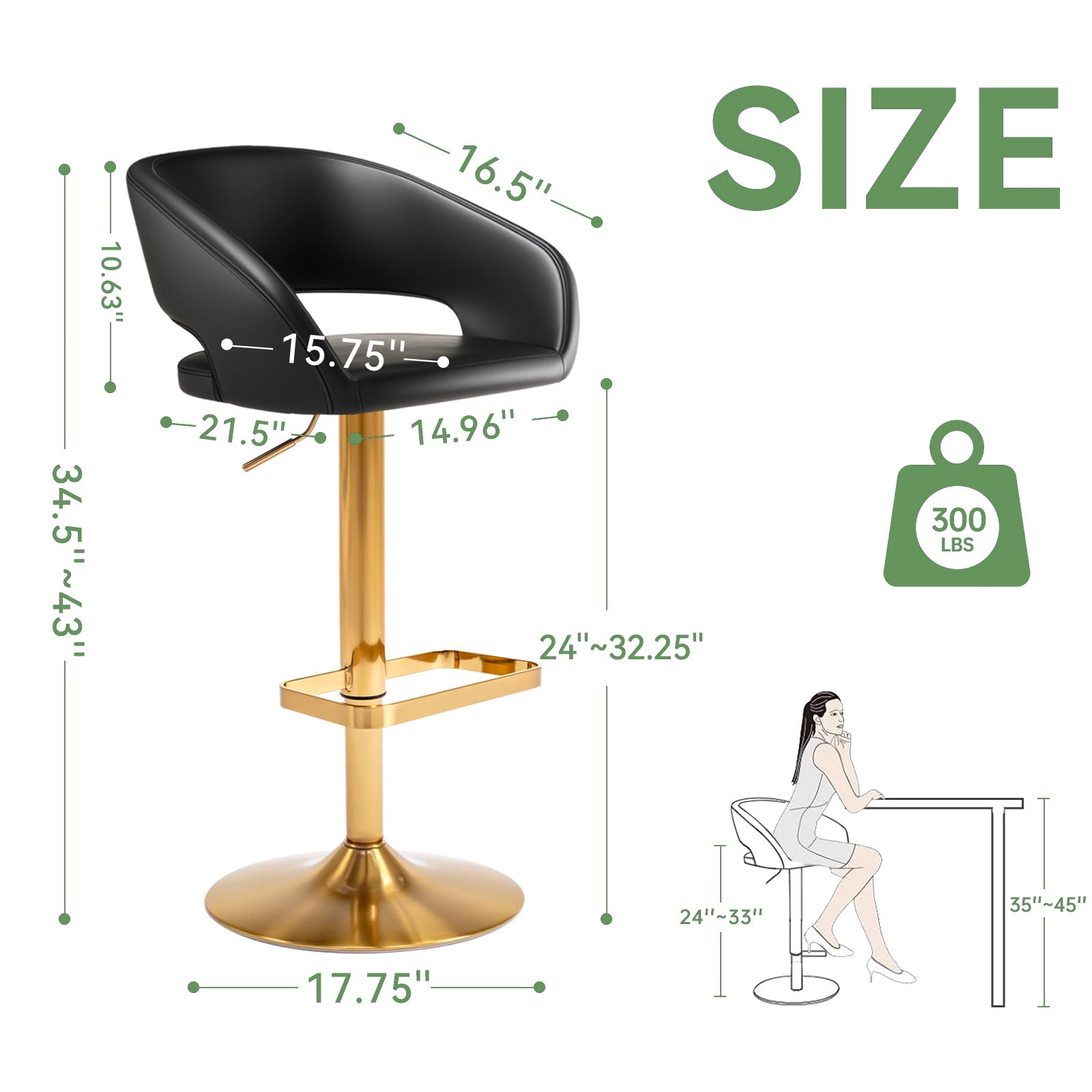 Modern Adjustable Bar Stools with PU Leather Seat, 360° Swivel Open Mid Back & Armrest Bar Stool– Ideal for Kitchen , Bar, Café, Counter Seating (Black)
