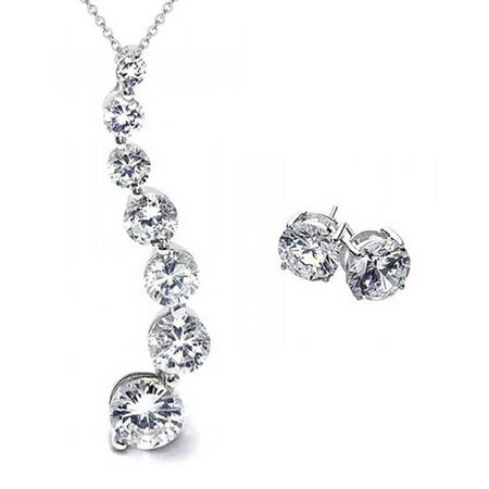 Journey Necklace Set - 2.5 Ctw Solitaire Round Cubic Zirconia CZ Love is a Journey Pendant Necklace Earring Set for Women 925 Sterling Silver