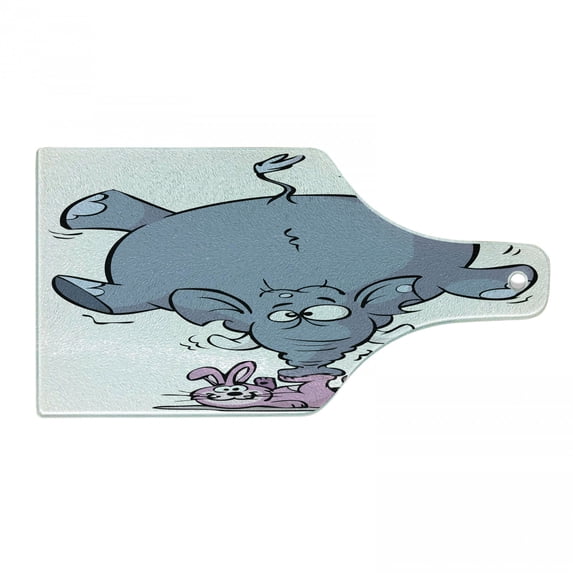 Animal Cutting Board, Rabbit Balancing Big Funny Mascot Animals Cartoon Creatures Circus, Decorative Tempered Glass Cutting and Serving Board, Wine Bottle Shape, Grey Pink White, by Ambesonne