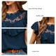 thumbnail image 5 of Blusa azul oscuro con volantes, cuello redondo, mangas cortas, detalle de encaje, top casual para mujer, talla L Summer Chic, 5 of 6