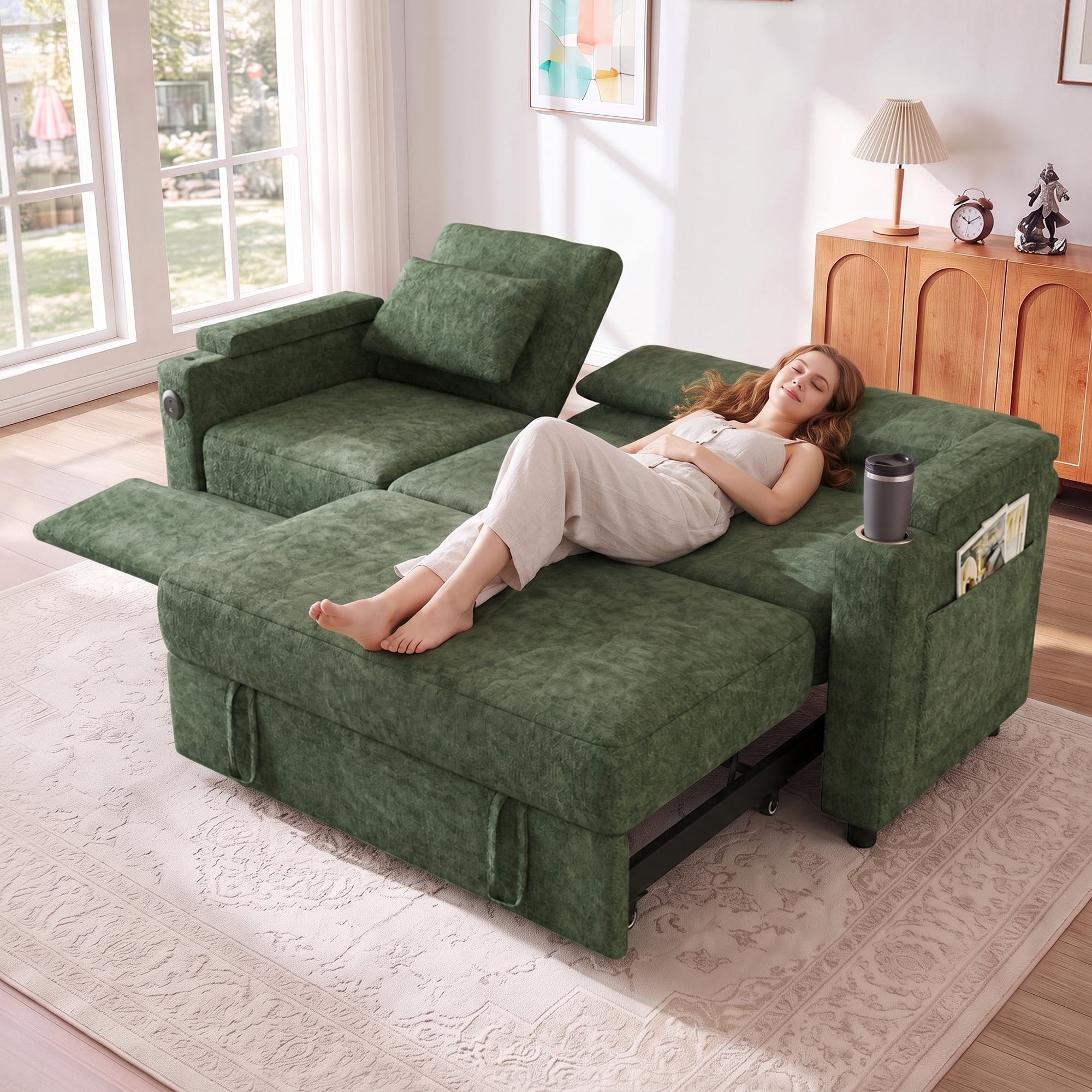 Aukfa 81" Convertible Sleeper Sofa,Chenille 3-in-1 Sofa Bed with Recliner,Center Table,USB Ports & Storage Armrests,Green