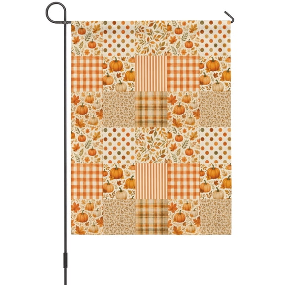 Gingham Blocks Garden Flag 12 x 18 Inches, Pumpkin Orange Maple Leaf Striped Plaid Country Weather Proof Outdoor Patio Flags Double Sided Small Garden Decoration for Yard Outside Home