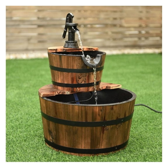 Wooden Barrel Waterfall Fountain - 2-Tier Outdoor Garden Fountain with Electric Pump - Rustic Patio Decor - 3 Gallon Capacity