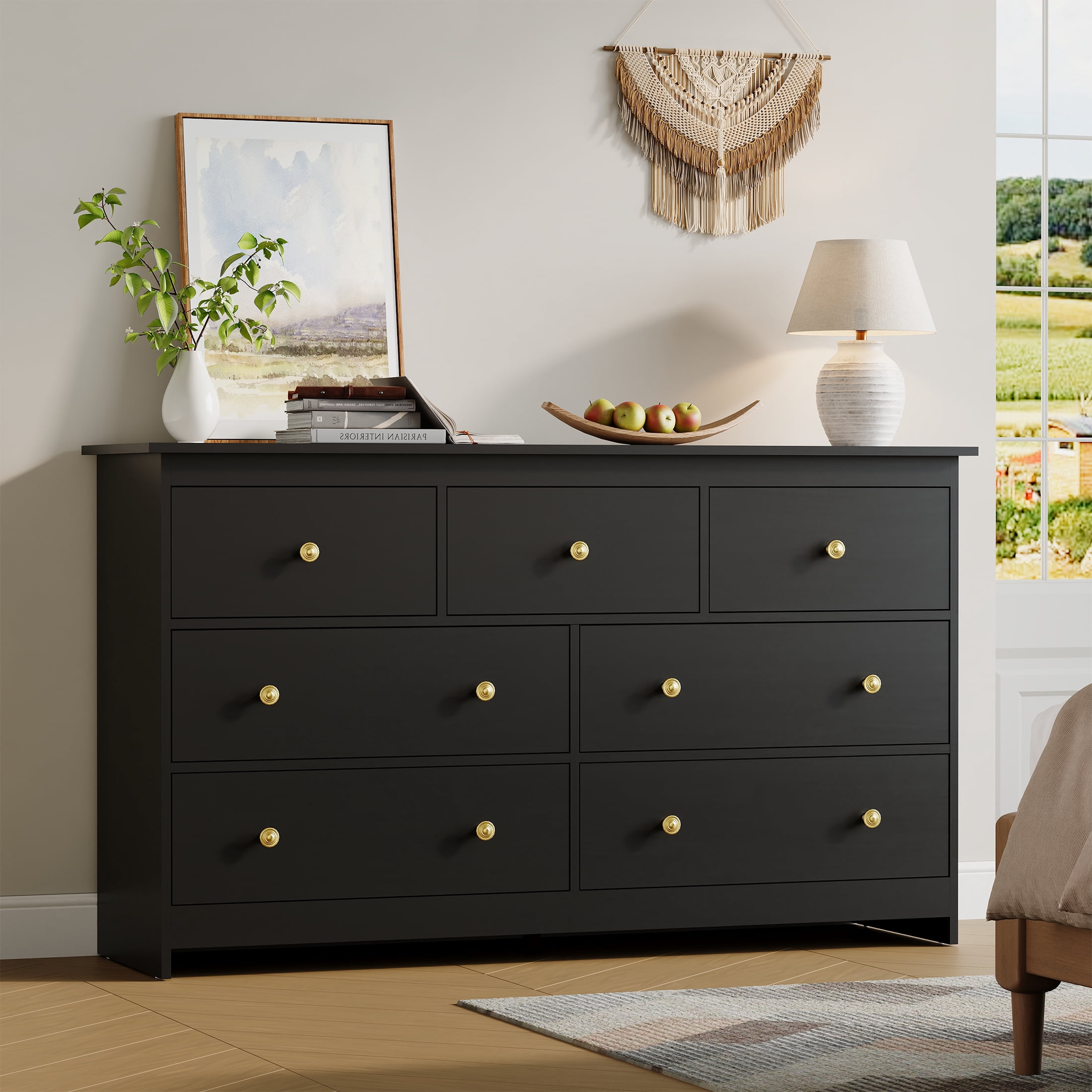 YouTrend 7 Drawer Dresser, Modern Black Chests of Drawers Wood Adult Storage Cabinet for Bedroom Living Room Hallway