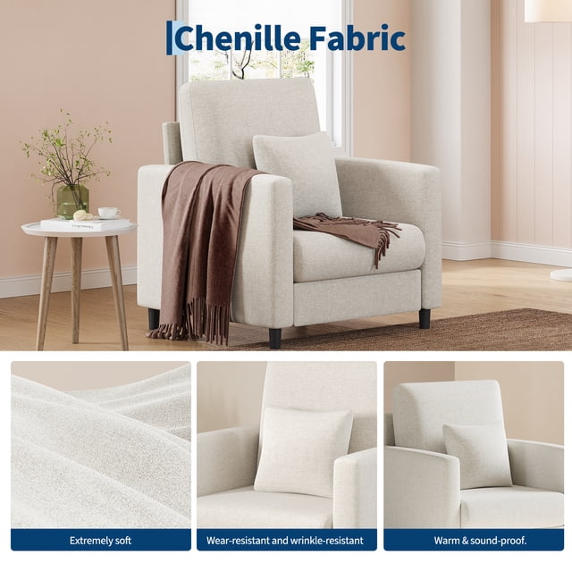 Fauteuil d'Appoint Moderne Rembourré – Fauteuil de Style Mi-Siècle 33 Pouces avec Cadre en Bois Robuste – Fauteuil Lounge Confortable pour la Lecture – Préassemblé avec des Outils – Idéal pour les Petits Espaces – Beige