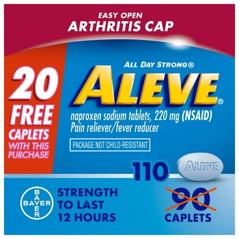 Aleve Pain Reliever & Fever Reducer Naproxen Sodium Caplets, Body Pain Relief, Arthritis Pain Relief, Pain Medicine for Adults and Children Ages 12 and Up, 90 Count 20 Count Bonus Pack