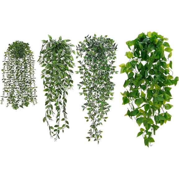 Fake Hanging Plants Mixed Set, 4pcs Artificial Hanging Plant, Faux Hanging Potted Plants Greenery for Wall Shelf Home Living Room Indoor Outdoor Decor