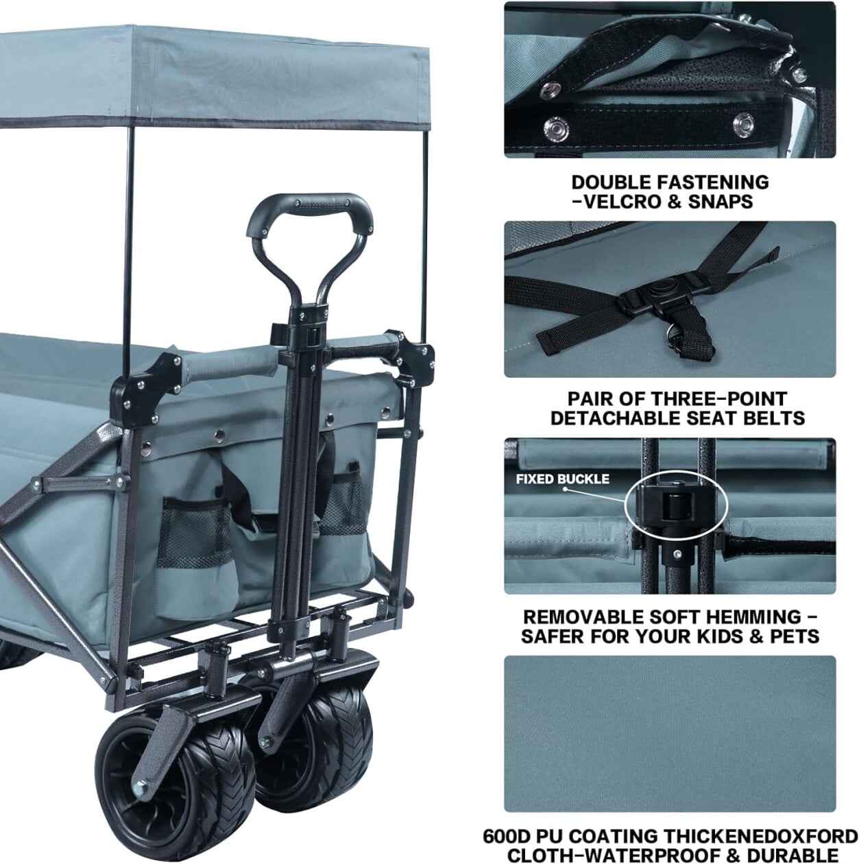 Collapsible Wagon Wagon Cart with Removable Canopy, Heavy Duty Foldable Beach Wagon with  All Terrain Wheels and Brake, Adjustable Push Pull Handle, 220LBS Cooler Bag Utility Carts for Outdoor, Gray