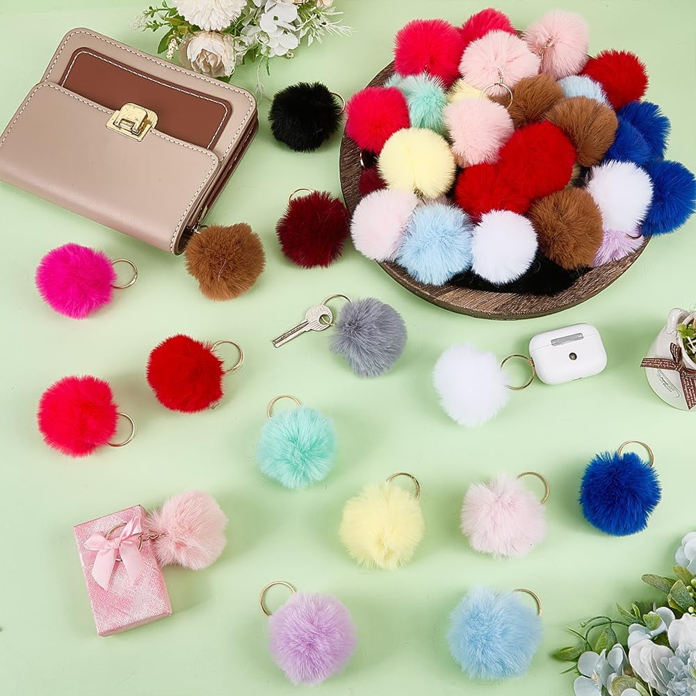 60-Pack Pom Pom Keychains 2.17" Furry Puff Ball Bag Charms for Backpacks DIY Crafts 15 Colors