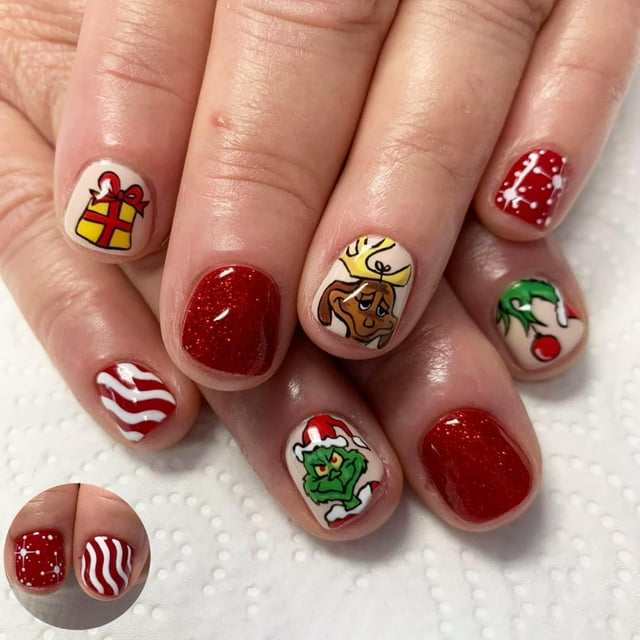 Uñas postizas navideñas cuadradas extra cortas, lindas y divertidas caricaturas de Papá Noel, uñas postizas pequeñas con diseños de alce, uñas navideñas de invierno para mujeres y niñas, 24 piezas