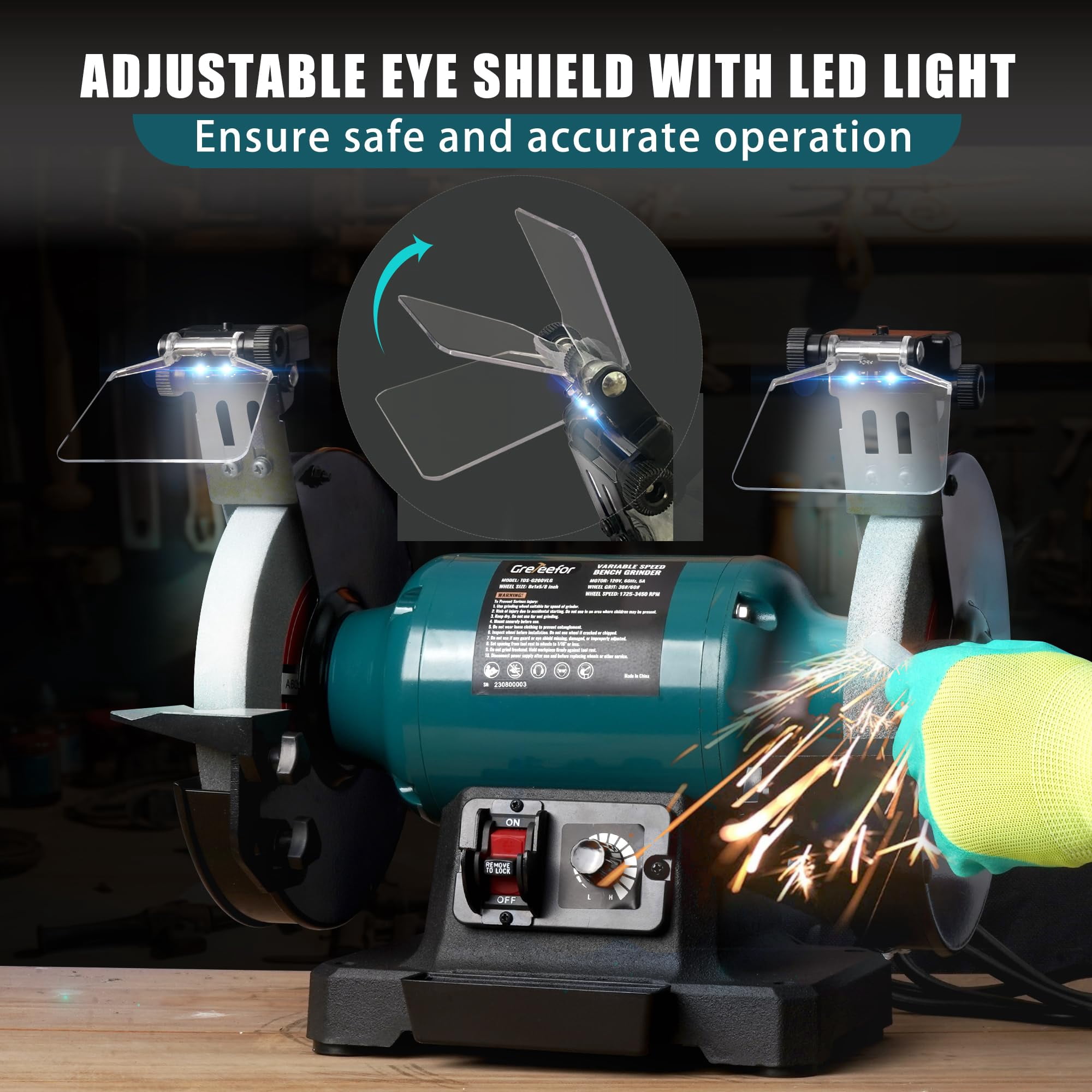 Greteefor Variable Speed 6" Bench Grinder, 1725–3750 rpm, Brushless Induction Motor, Work Light, Diamond Dresser, Water Tray, Stable Cast Iron Base