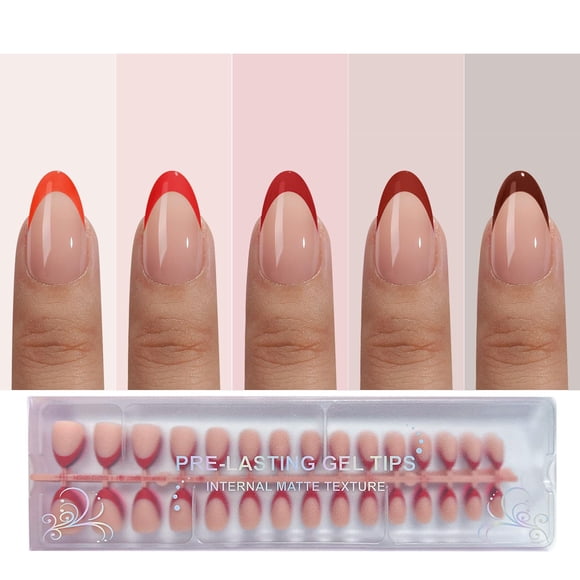 Jsiallye Uñas postizas rojas con punta francesa, 150 piezas de uñas cortas de almendra, puntas de uñas 3 en 1, uñas postizas preformadas, puntas de uñas acrílicas de gel suave, sin necesidad de limar