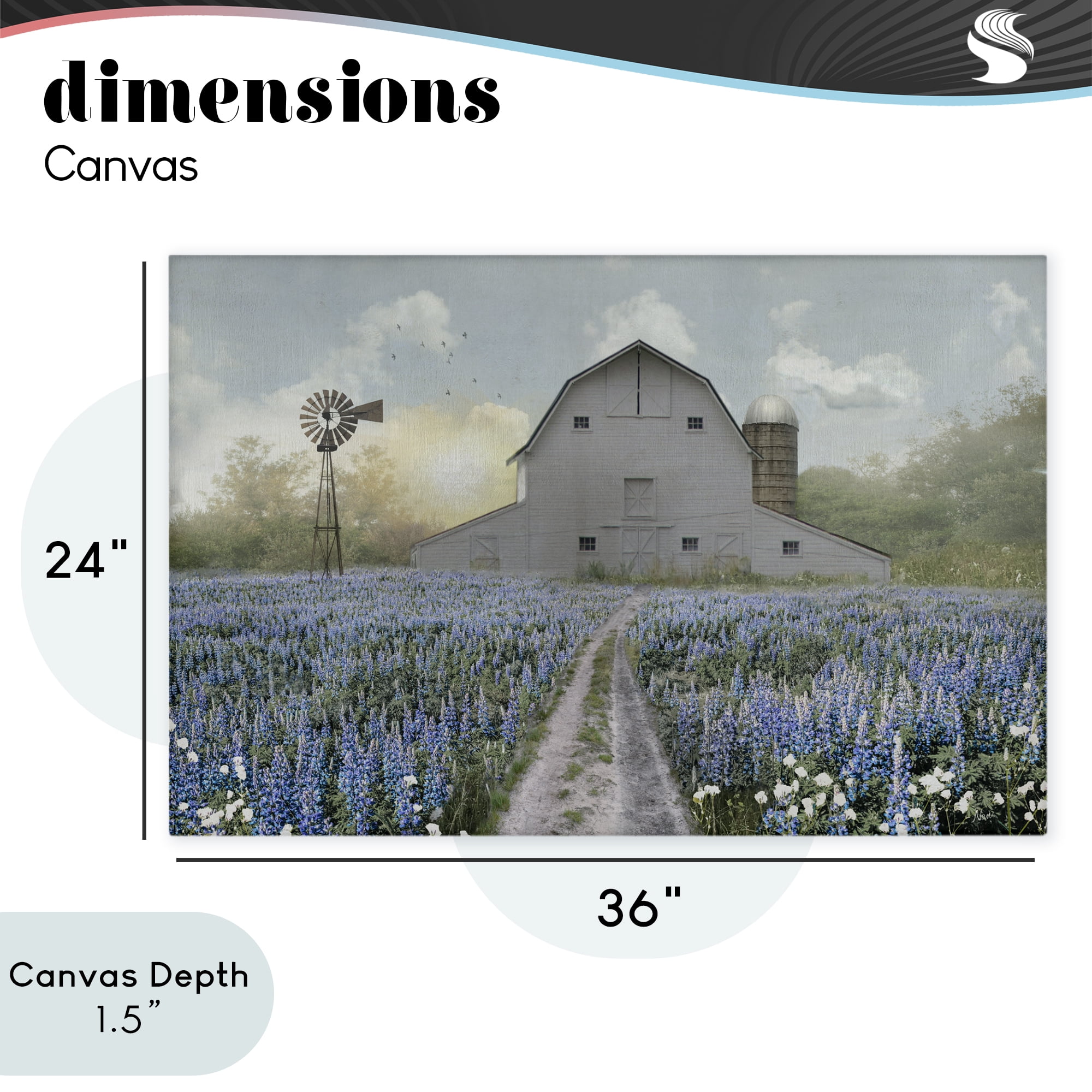Stupell Industries Meadow of Blue Flowers & Barn Canvas Wall Art, design by Nan