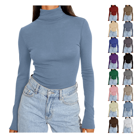 Long Sleeve Shirts Womens Solid Turtleneck Pullover Slim Basic Plus Size Tops Soft Stretchy Casual Layering Tops Tee for Fall Underscrubs Blouse