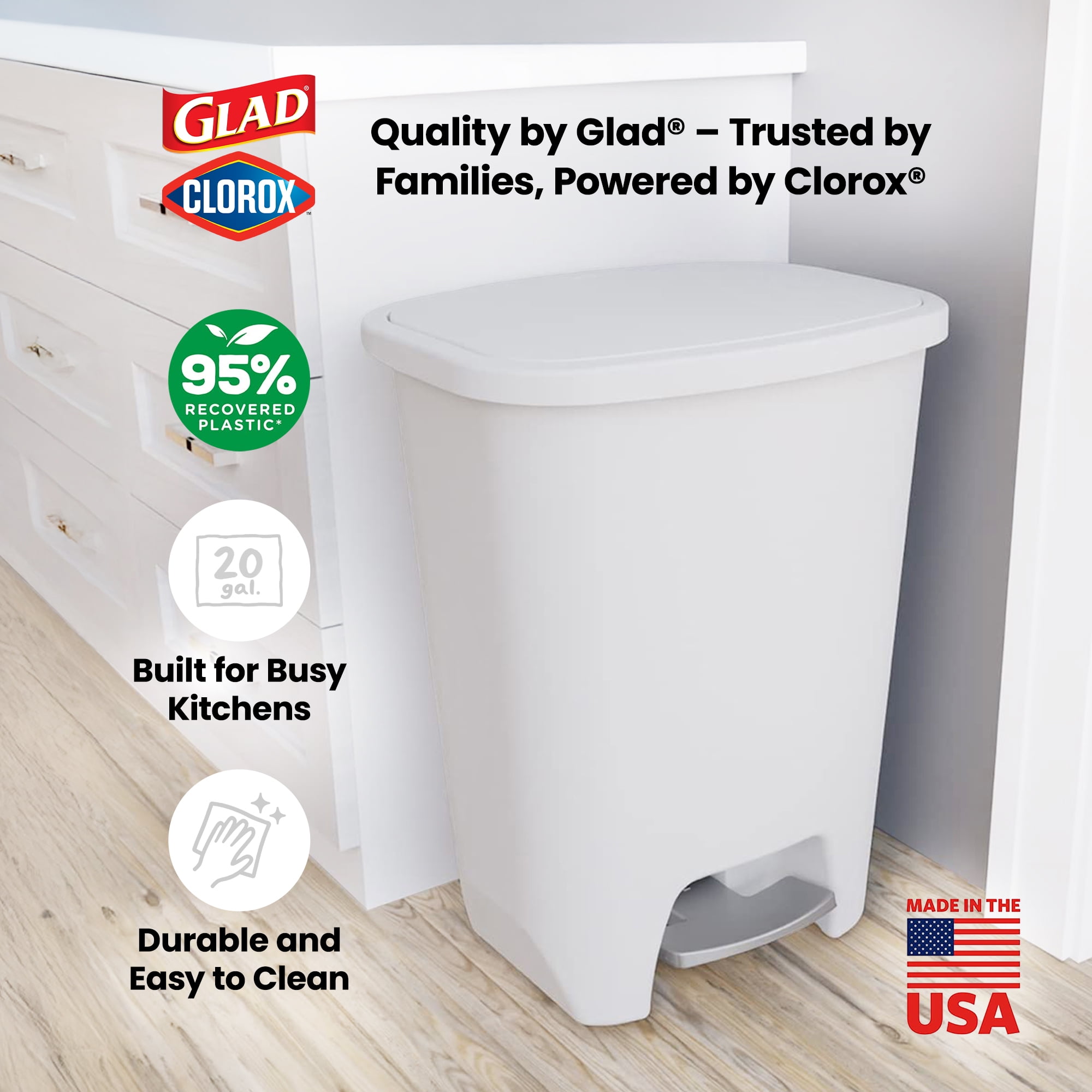Glad Kitchen Trash Can with Lid, Step Foot Pedal and Garbage Bag Rings, 20 Gallon, White