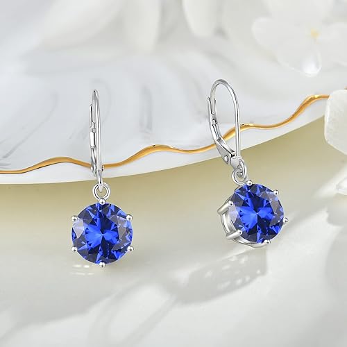 Divine_creation 2.20 Ct Round Cut Blue Sapphire Lever Back Womens Drop Earrings 14K White Gold Plated 925 Sterling Silver