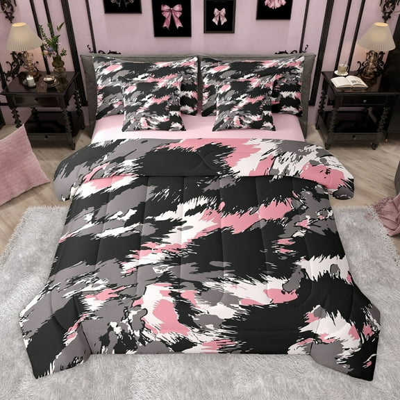 Manfei Abstract Camouflage 7-Piece Twin Bedding Sets for Boys Girls,Graffiti Splash Bedding Comforter Set,Vintage Aesthetic Breathable Sheet Sets,Microfiber Bedroom Decor,Reversible