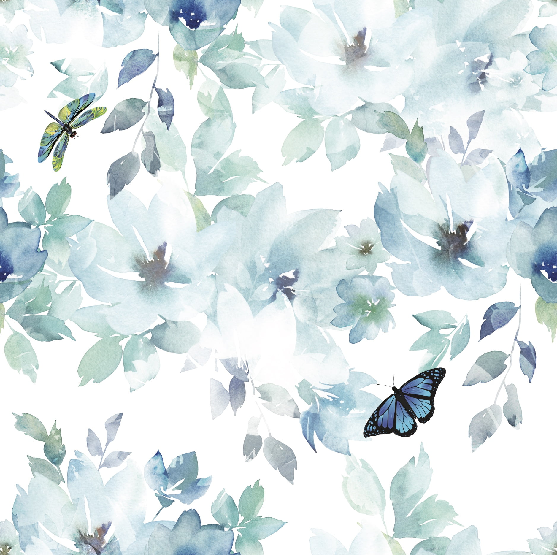 GP3011PS Grace & Gardenia Premium Paper Peel and Stick SAMPLE Watercolor  Floral Butterfly Blue Green Watercolor Floral Butterfly Blue Green Luxury  PVC-free self-adhesive Paper 