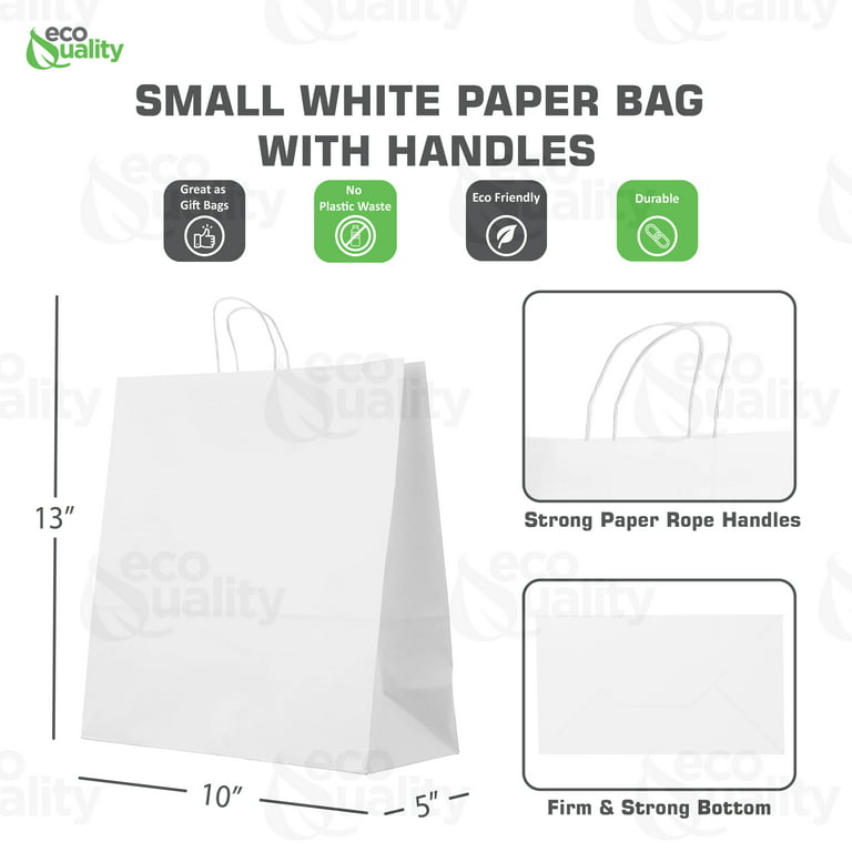 100 COUNT] 10x5x15 inches Medium White Kraft Paper Bags with Handles,  Shopping, Gift Bags, Party, Retail, Merchandise, Lunch Bags, Grocery Bags,  Strong, Reusable, Durable, Ecofriendly by EcoQuality 