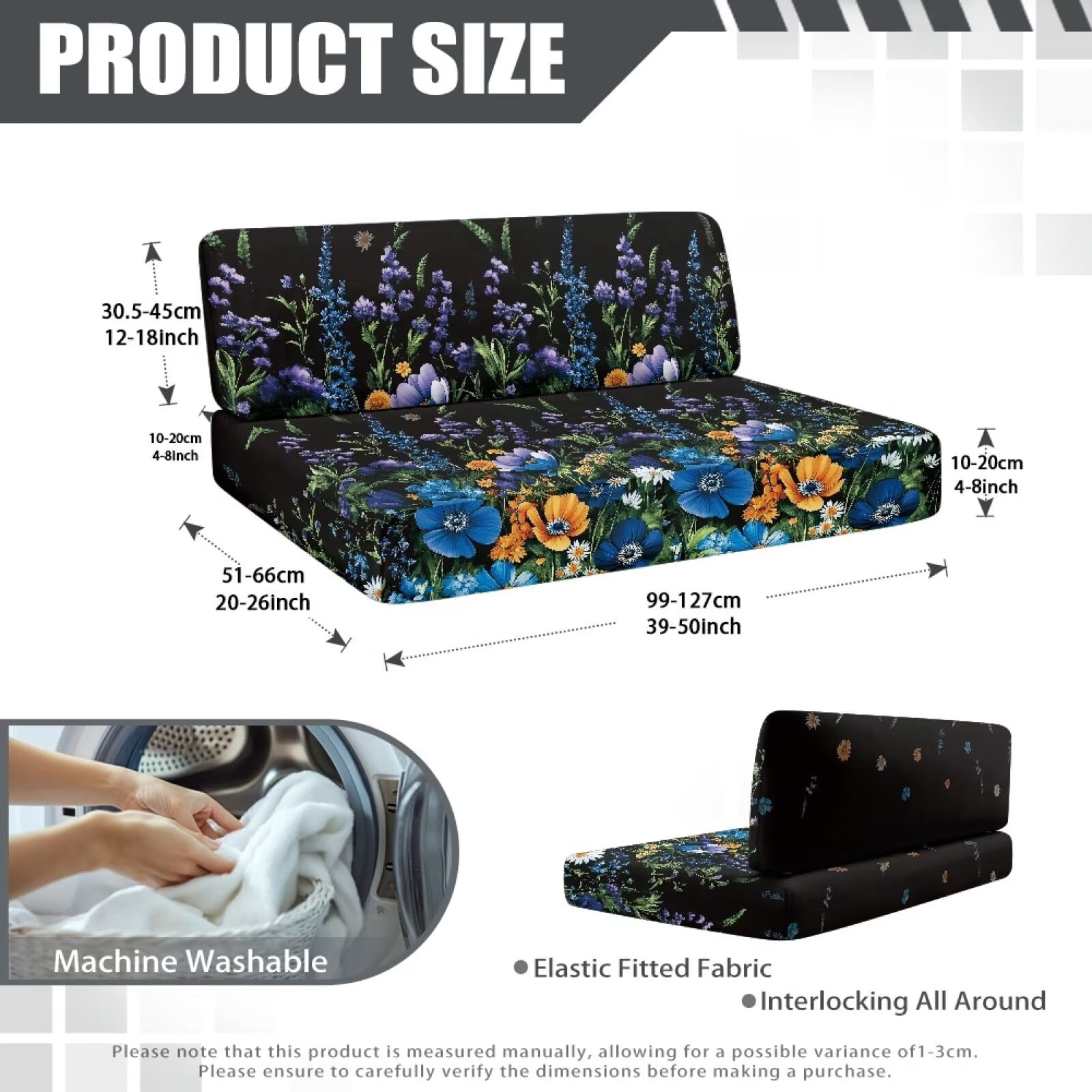 XYZCANDO Daisy RV Dinette Cushion Covers Camper Decor Stretchable Slip Covers for Loveseat Universal Bench Cushion Washable Sofa Covers for 2 Cushion Couch Camper Black