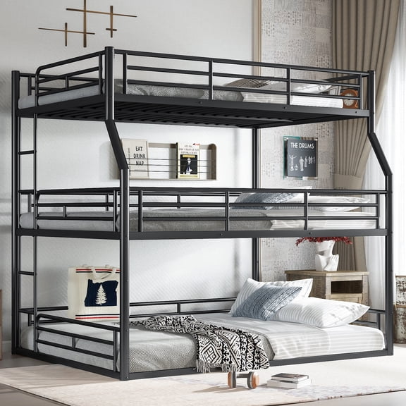 Harper & Bright Designs Triple Bunk Bed Full XL Over Queen over Queen with Safety Guardrails, Metal Floor Bunk Bed Frame for Boys and Girls, Black