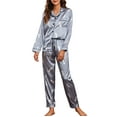 thumbnail image 3 of JGTDBPO Two Piece Pajama Set For Women Long Sleeve Sleepwear Soft Button Down Loungewear Pjs Set Nightwear With Long Pants Silk Satin Long Pajama For Women, 3 of 9