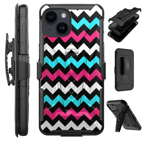 Compatible with iPhone 14 6.1" Hybrid Luxguard Holster Phone Case Cover (Chevron Pink Teal)