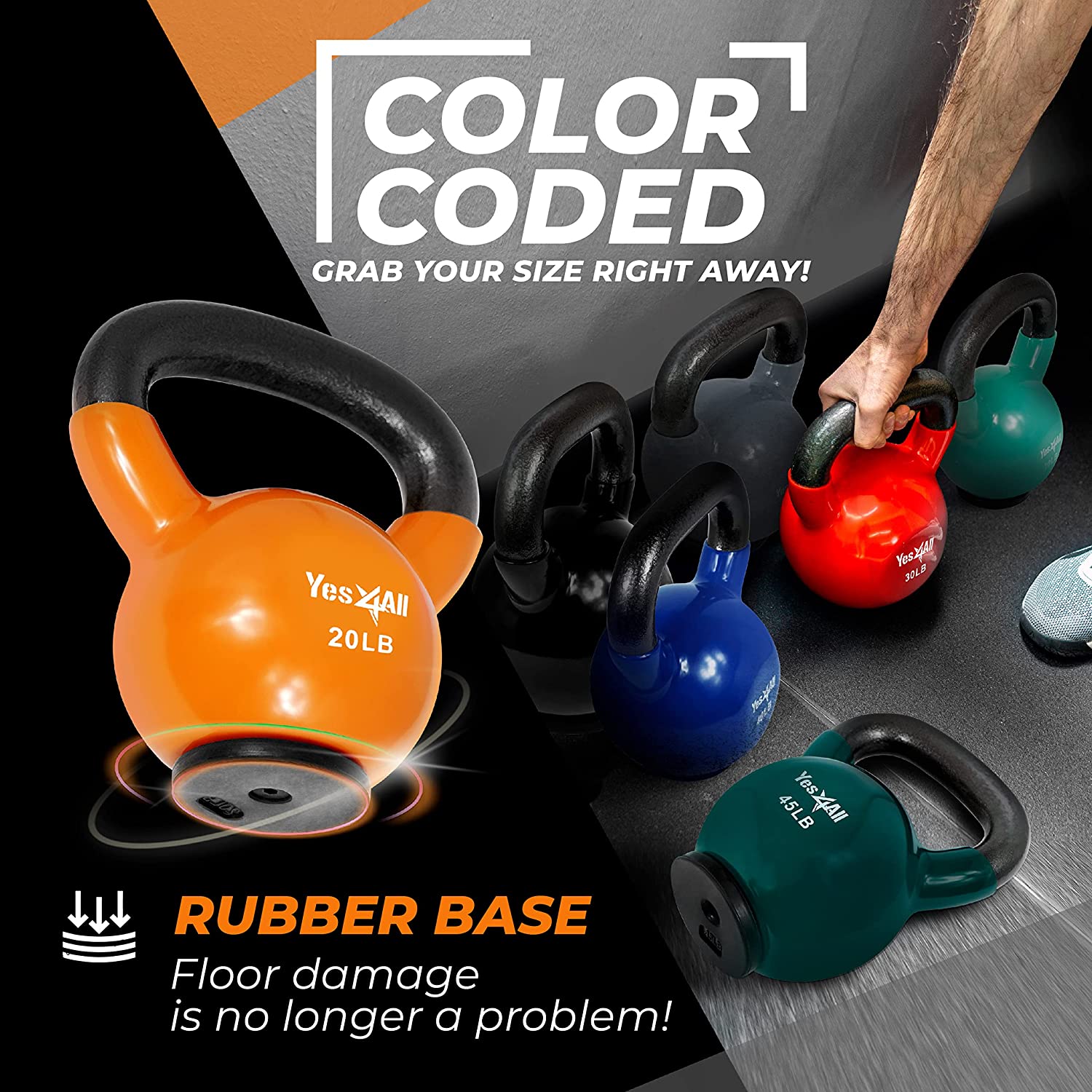 Yes4All 20lb Vinyl Coated / PVC Kettlebell with Rubber Base, Orange, Single - image 5 of 8