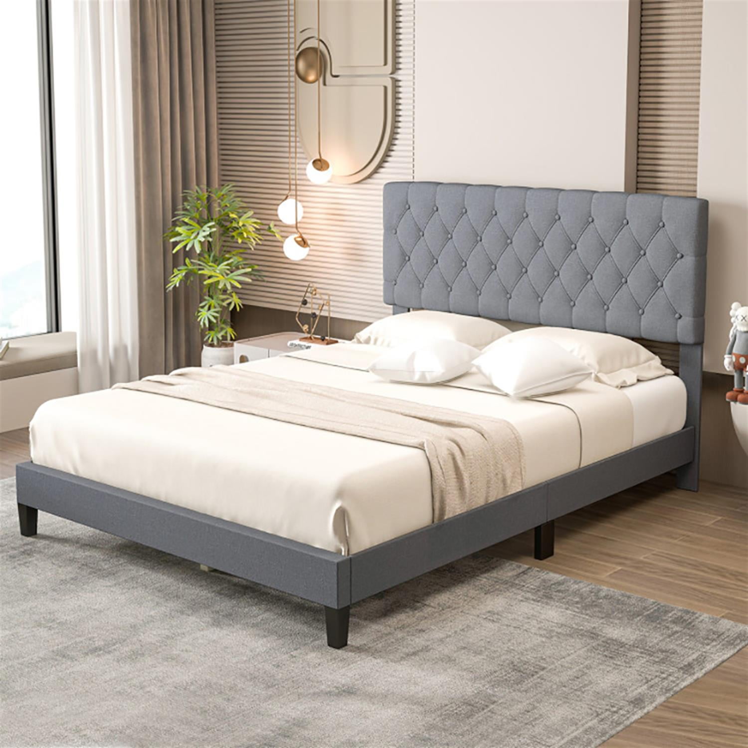 Demi Bonn Queen Size Upholstered Platform Bed Frame with Button Tufted Headboard and Wooden Slats Support, Fully Upholstered Mattress Foundation, Gray