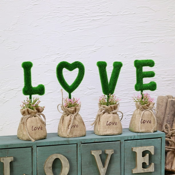 Creative Letter Simulation Pots Set, 4-Piece Home Office Bonsai Plant Decor, Window Sill Desktop Accessories, for Dorm Room, Metal Rolling Cart Design, Wooden Base, Portable Storage