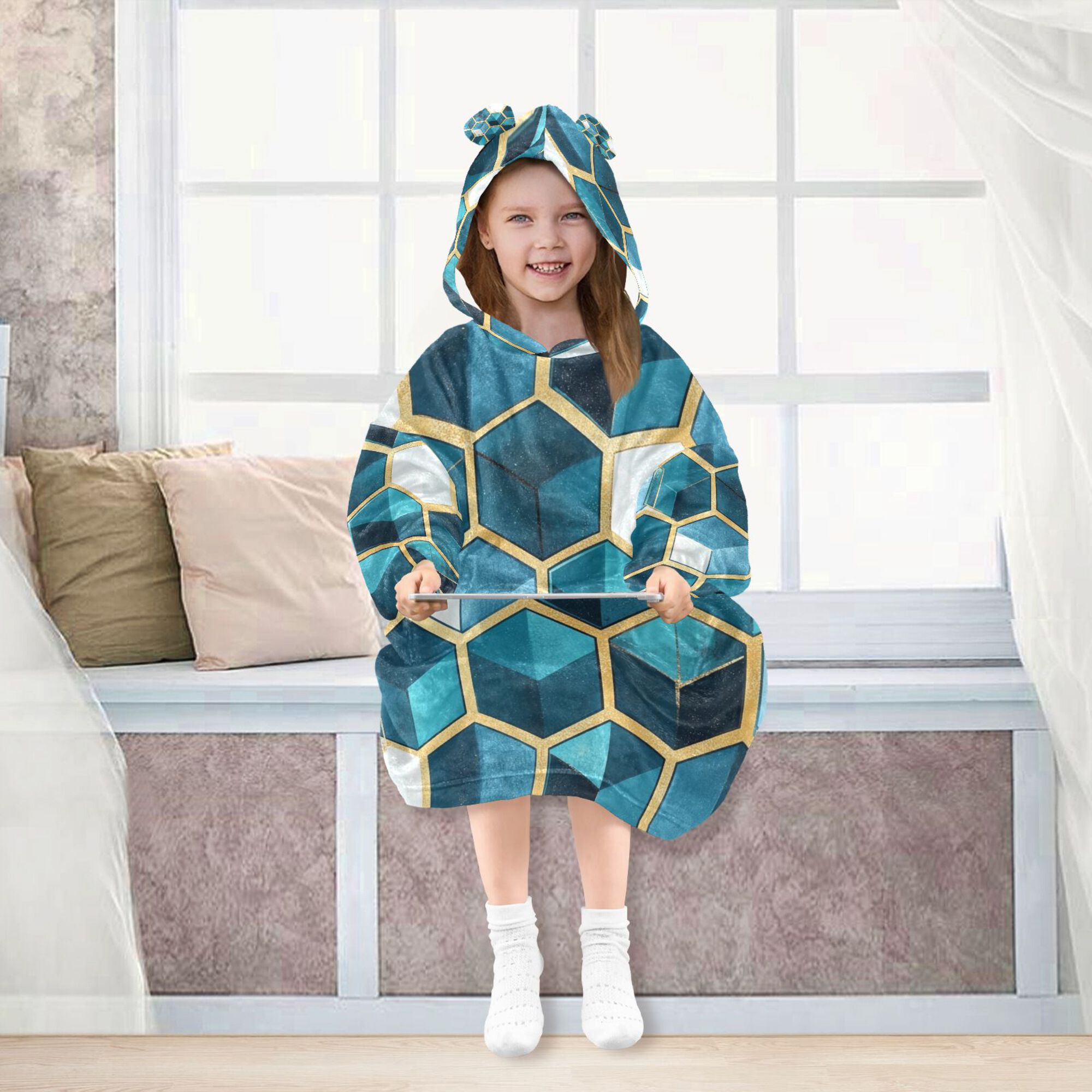 FORMRS Wearable Blanket Hoodie with Sleeves for Kids Cozy Flannel Sweatshirt, Light Blue Geometric Pattern