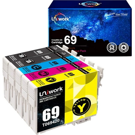 Remanufactured Ink Cartridge Replacement for Epson 69 use for Stylus CX6000 CX8400 NX400 NX410 NX415 NX515 About this item •Package Contents: 5 Pack Compatible Ink Cartridge Remanufactured ink cartridges replacement for Epson 69 ink cartridges (2 Black  1 Cyan  1 Magenta  1 Yellow) •Compatible with: Epson Stylus C120 CX5000 CX6000 CX7000F CX7400 CX7450 CX8400 CX9400Fax CX9475Fax N10 N11 NX100 NX105 NX11 NX110 NX115 NX200 NX215 NX300 NX305 NX400 NX410 NX415 NX510 NX515 | WorkForce WF-1100 WF-1300 WF-30 WF-310 WF-315 WF-40 WF-500 WF-600 WF-610 WF-615 Printer •Page Yield: Black is 245 pages per cartridge  color is 350 pages per cartridge(at 5% coverage). •Package Contents: 2 x Black 69 ink cartridges  2 x Cyan 69 ink cartridges  1 x Magenta 69 ink cartridges  1 x Yellow 69 ink cartridges