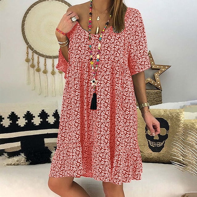 SMihono Robes Bohèmes d'Été pour Femmes Grande Taille Col en V Imprimé Manches Évasées Temps de Loisirs en Vacances Robe à Manches Courtes