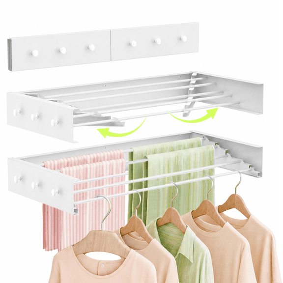 Wall Mounted Drying Rack 32'', Foldable Laundry Drying Rack Wall Mount with 6 Towel Hooks and 5 Rods,60lbs Capacity, Space Saving Clothing for Indoor Outdoor Bathroom Balcony