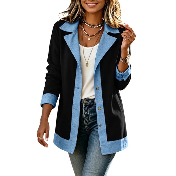 MaFYtyTPR Women's Sweatshirt Jacket with Denim Patchwork Long Sleeve Collared Button-Front Jackets Fall Winter Casual Outerwear B-Black L