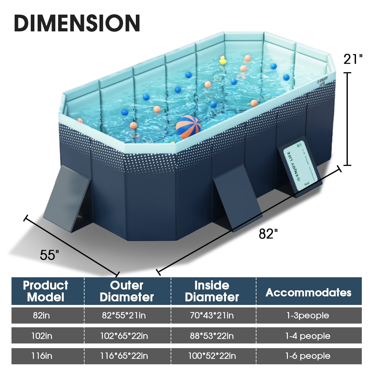 Jonster Foldable Swimming Pool for Kids & Adult Indoor Outdoor Above Ground Pools,Non-Inflatable Family Pools (82"x55"x21")