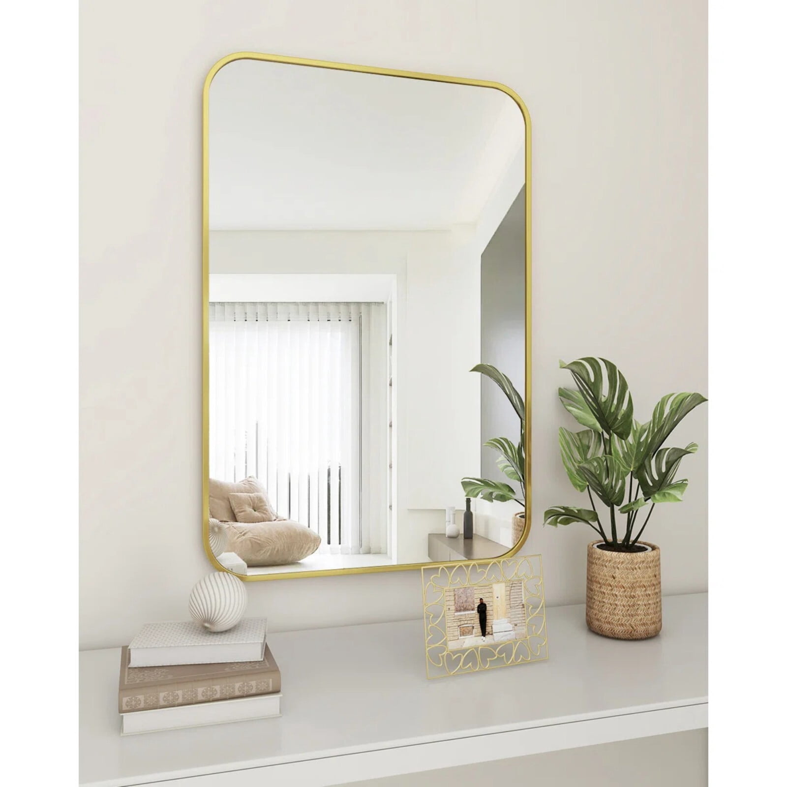 Lumora 36.2"x24" Rectangle Rounded Corner Wall Mirror Wall-mounted Bathroom Mirror,Gold