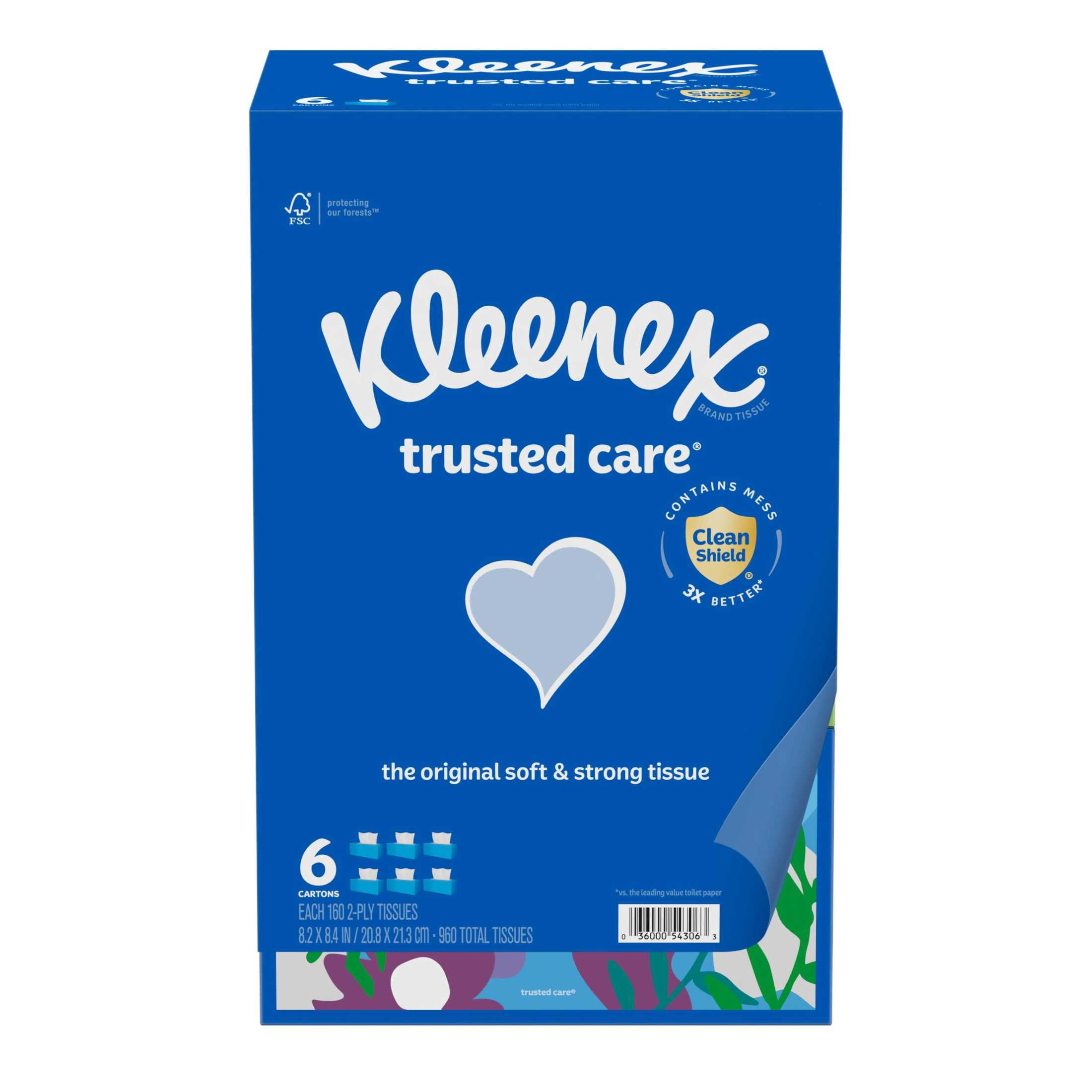 Kleenex Trusted Care 2-Ply Facial Tissues, 6 Flat Boxes, 160 Tissues Each
