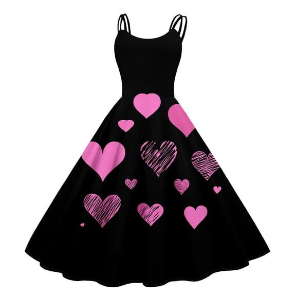 Valentines Day Sleeveless Vintage Fit and Flare Dress with Heart Print Pattern Casual A-line Midi Pink XL