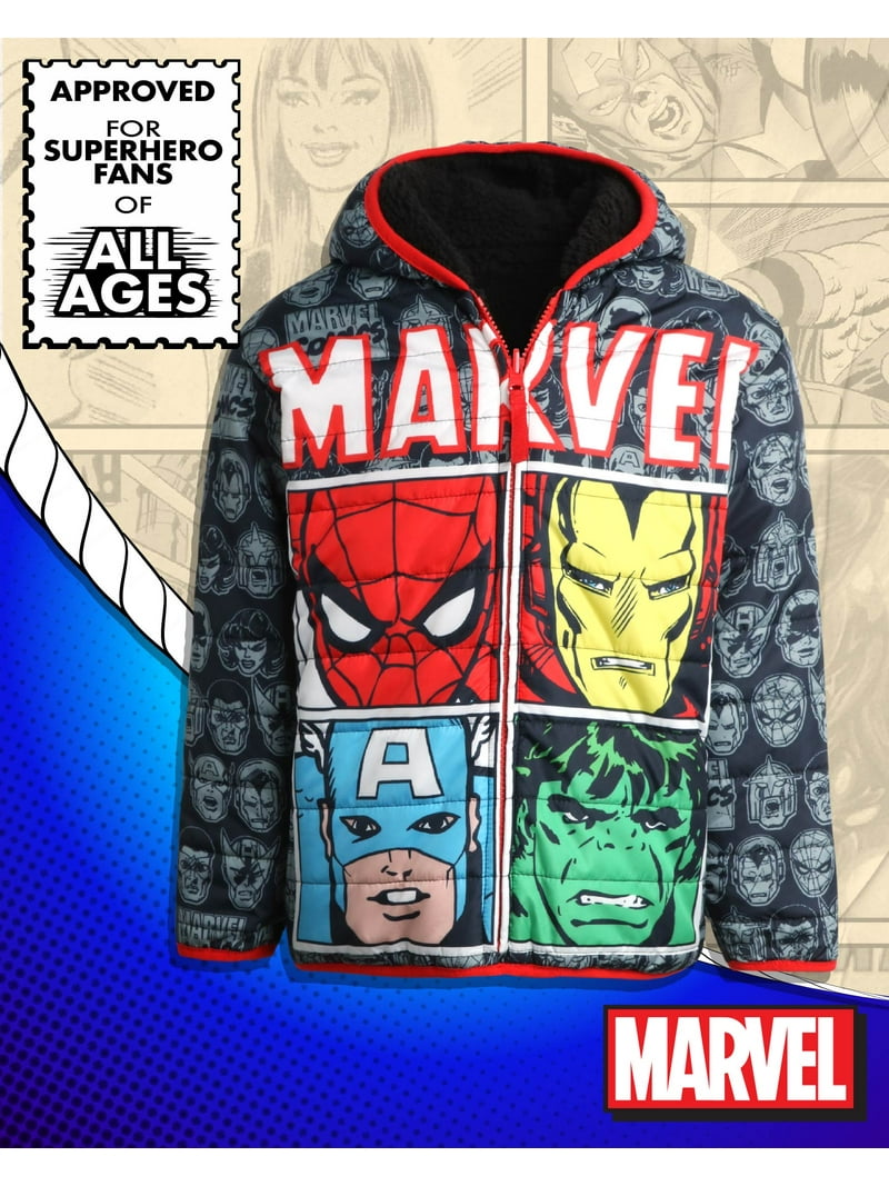 Marvel Boys Puffer Jacket - Avengers Spider-Man Sherpa Fleece