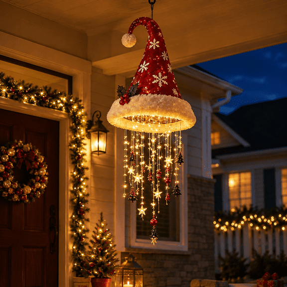 Lighted Santa Hat Hanging Chandelier, Pre Lit Christmas Santa Hat Decor with Warm LED Lights and Hanging Holiday Charms, Available in 3 Styles, Indoor Outdoor Covered Decor
