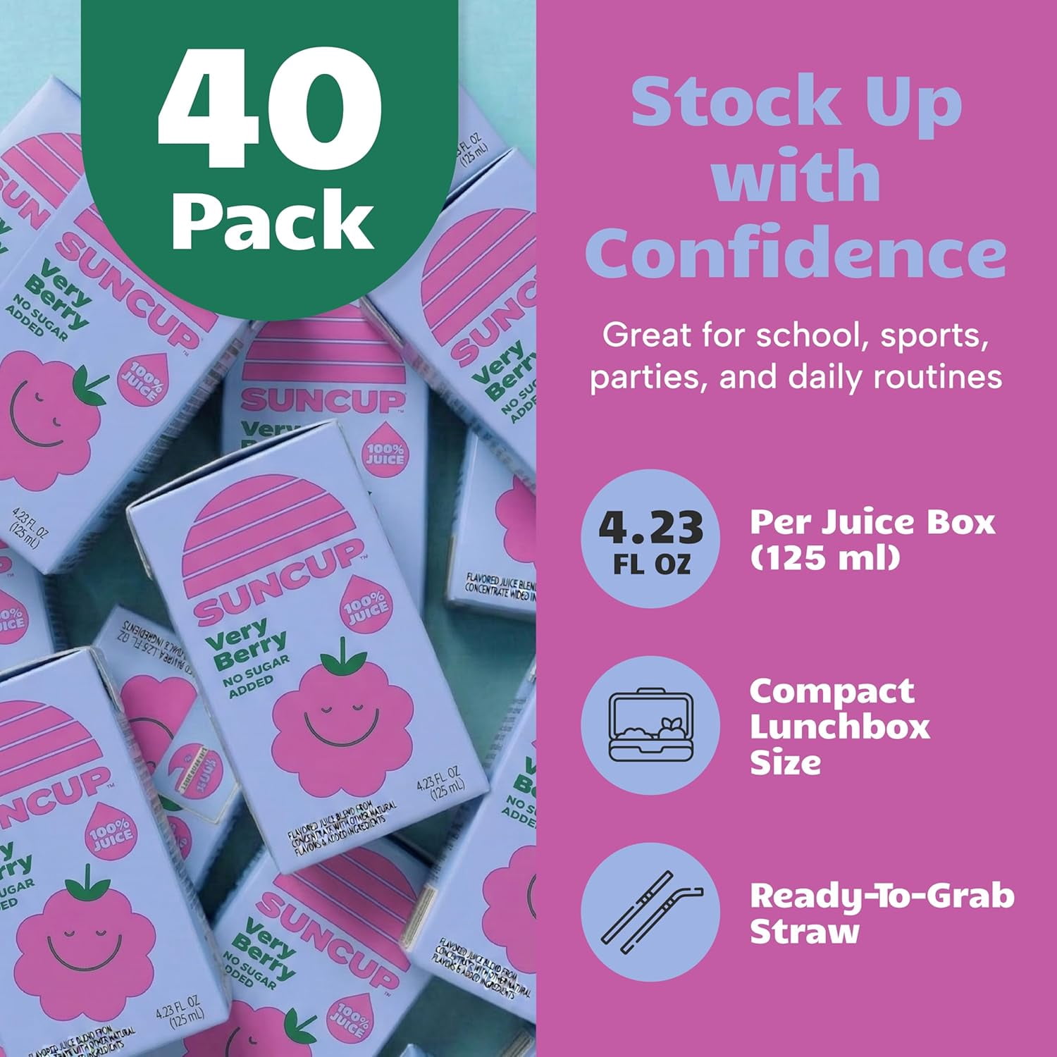 SunCup Juice - Very Berry (40 Pack) 4.23 oz Juice Box with Straw | Very Berry Blend for Kids, Bulk School Pack for Snacks, Parties, or Everyday Drinks