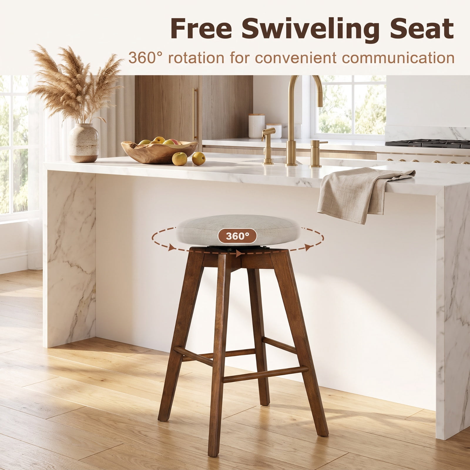 Furnibear 2 Pieces 26 Inch Backless Swivel Barstools with Linen Fabric Seat for Kitchen Island Counter Bar Pub Dining Home, Beige
