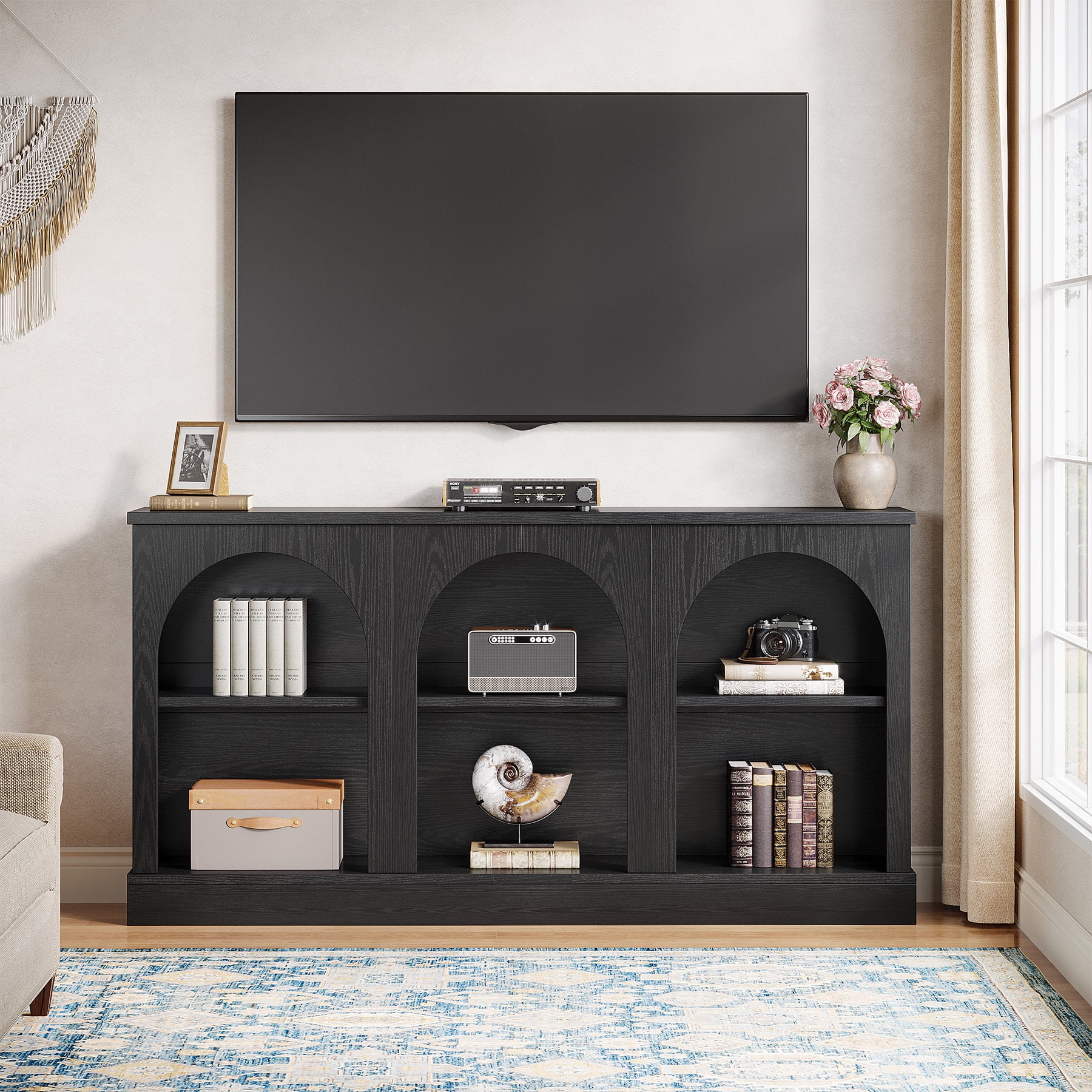 Tribesigns Farmhouse TV Stand for 55/60/65 Inch TVs, Entertainment Center with Storage Cabinets, Black