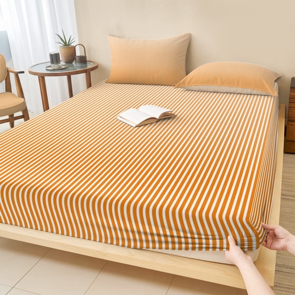Full Size Fitted Sheet Set - Orange Striped 3 Piece Bedding Sets 16" Deep Pocket Fitted Sheet with 2 Pillowcases, Modern Minimalist Vertical Stripes Art Brushed Microfiber Hotel Luxury Bed Sheets