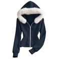 thumbnail image 4 of Women's Solid Zip Up Hooded Sweatshirt, Long Sleeve Cropped Sports Jacket with Side Pockets for Autumn Winter Navy XL(XL), 4 of 9