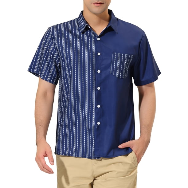 CAMISAS DE HOMBRE CORTAS DE VERANO DE ALGODÓN PATCHWORK CON BOTONES S AZUL MARINO